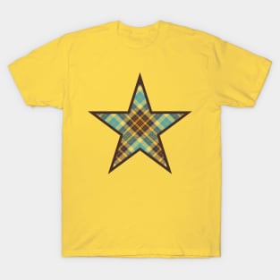 Brown star filled with yellow, brown and blue plaid T-Shirt